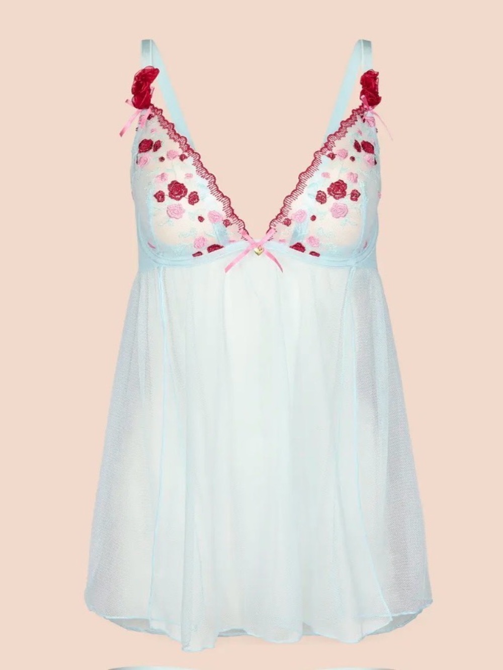 New! Adore Me Blue Floral Embroidered Sheer Babydoll Lingerie 34DD 34236